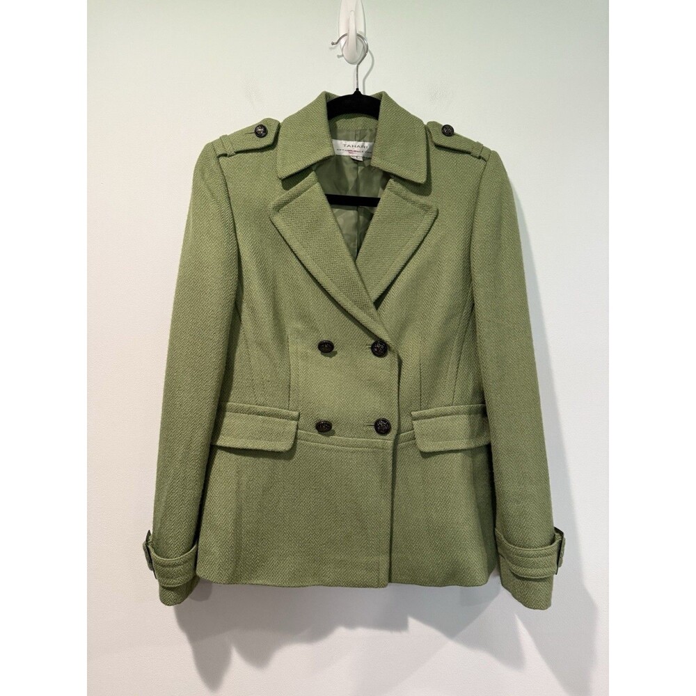 Tahari Pea Coat Womens 4 Green Wool Double Breasted Lined Preppy Quiet Luxury